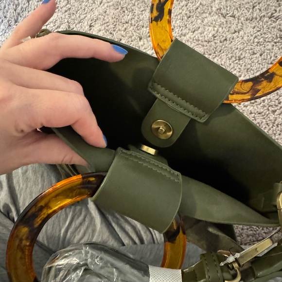 Anthropologie Green Tote with Tortoise Ring Handle - Picture 2 of 4